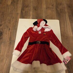 Disney Girls Minnie Santa Christmas Dress With Minnie Mouse Ears Hood Attach-NWT